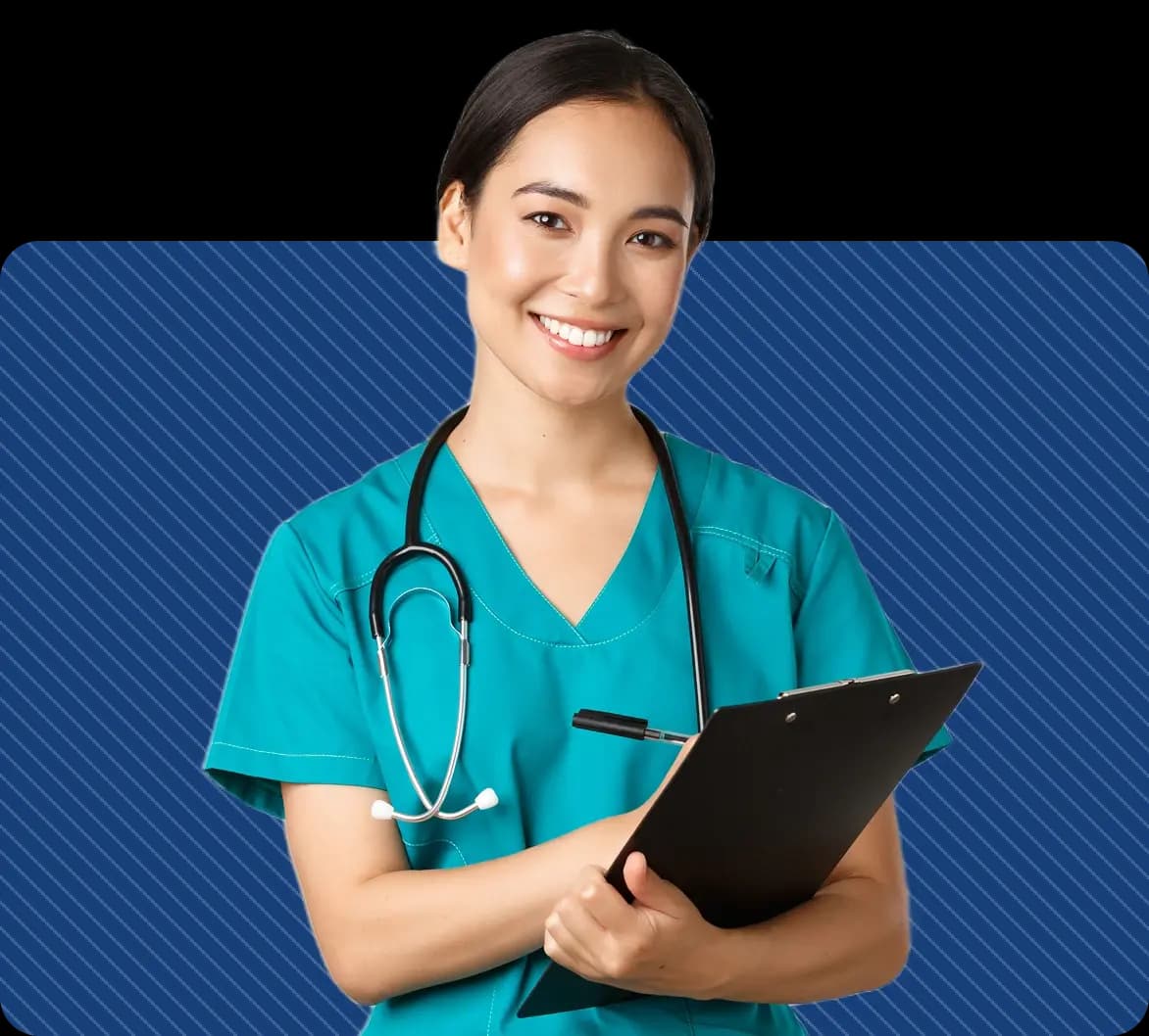 Healthcare professional in teal scrubs