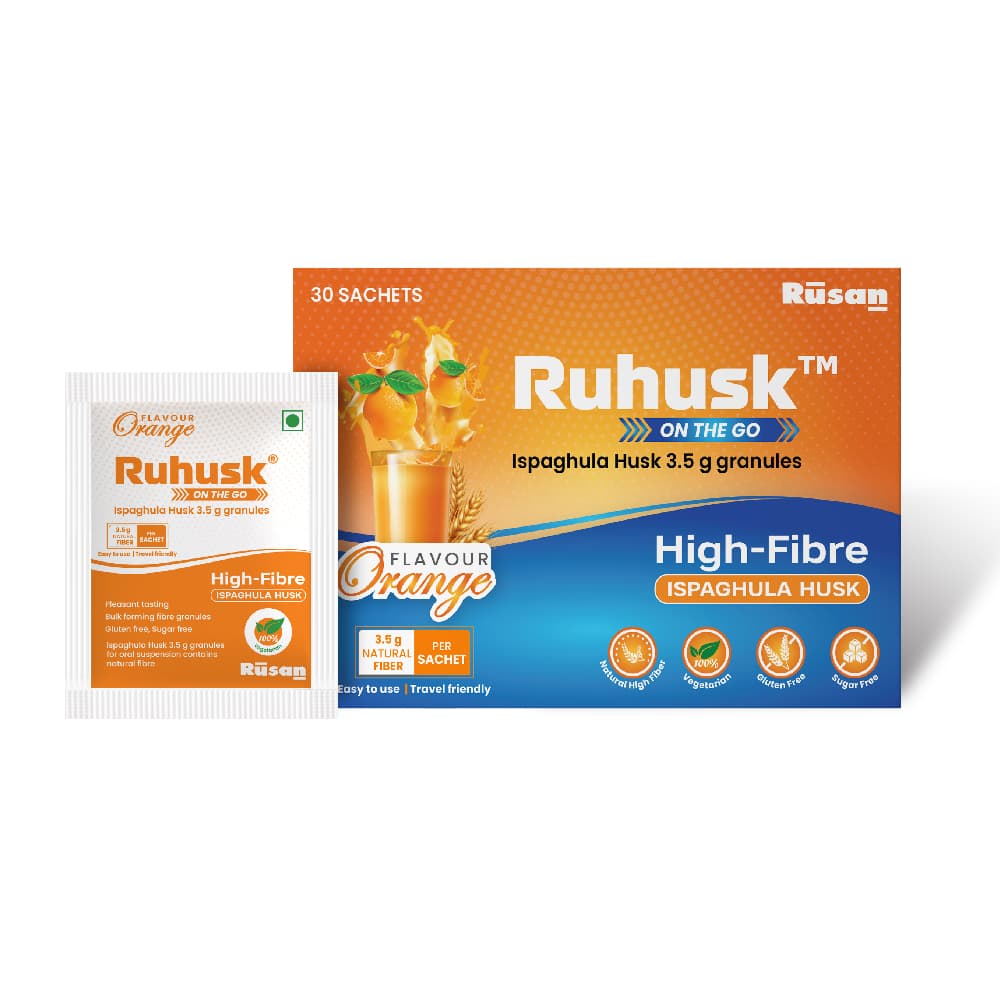 RuHusk™ Ispaghula Husk Orange Flavour 3.5g Granules Natural Fiber Per Sachet | Pack of 30 Sachets
