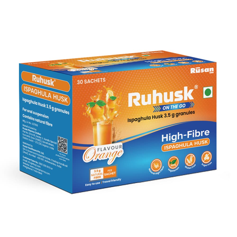 RuHusk™ Ispaghula Husk Orange Flavour 3.5g Granules Natural Fiber Per Sachet | Pack of 30 Sachets